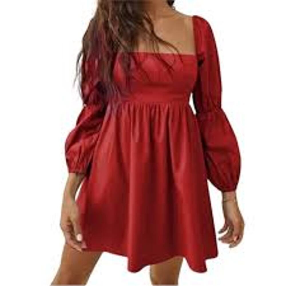 Dark Red Square Neck Long Puff Sleeve A-Line Mini Dress Women's Small NWOT